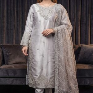 FB-271 | Ivory Gold | 3 Pcs Luxury Lava Silk Embroidered Suit with Net Dupatta