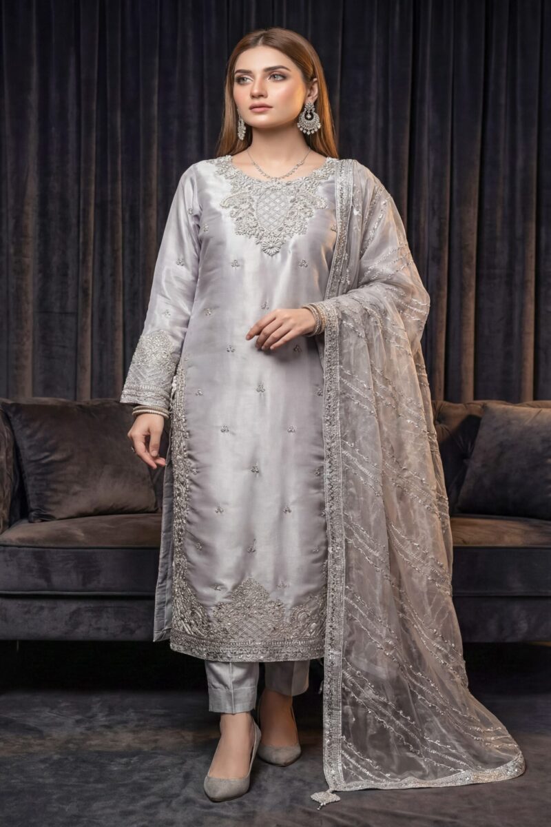 FB-271 | Ivory Gold | 3 Pcs Luxury Lava Silk Embroidered Suit with Net Dupatta