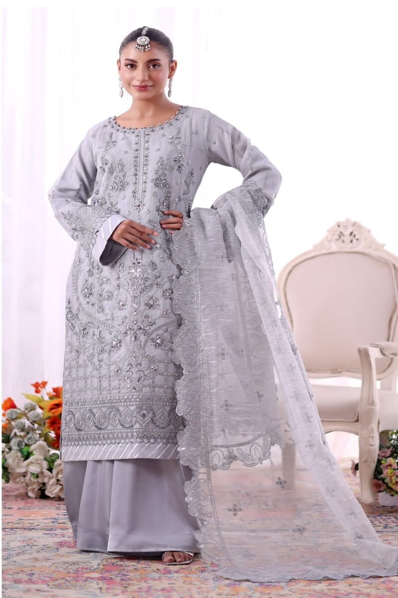 FB-250 |  Pearl Grey | 3 Pcs Unstitch With Dyed Trouser