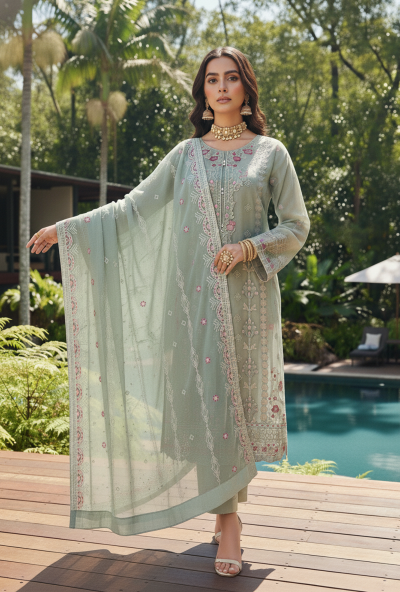 FB-244 | Sage Green | 3 Pcs Semi-Stitch Chiffon