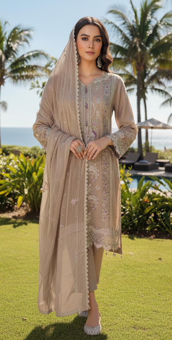 FB-243 | Almond Beige | 3 Pcs Semi-Stitch Chiffon
