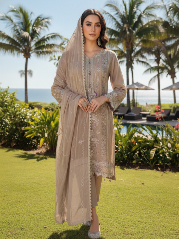 FB-243 | Almond Beige | 3 Pcs Semi-Stitch Chiffon