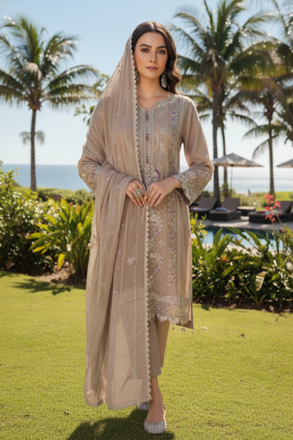 FB-243 | Almond Beige | 3 Pcs Semi-Stitch Chiffon