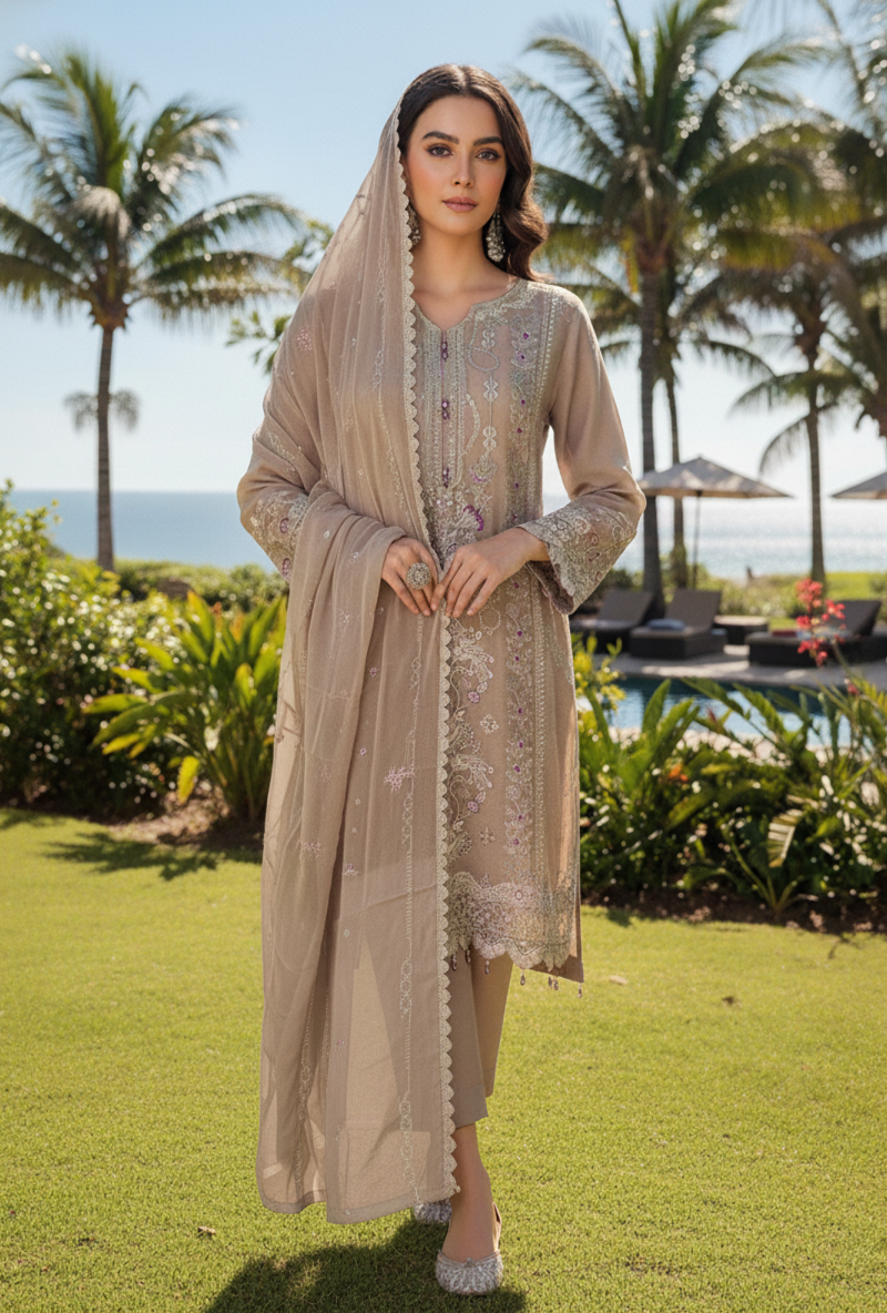 FB-243 | Almond Beige | 3 Pcs Semi-Stitch Chiffon