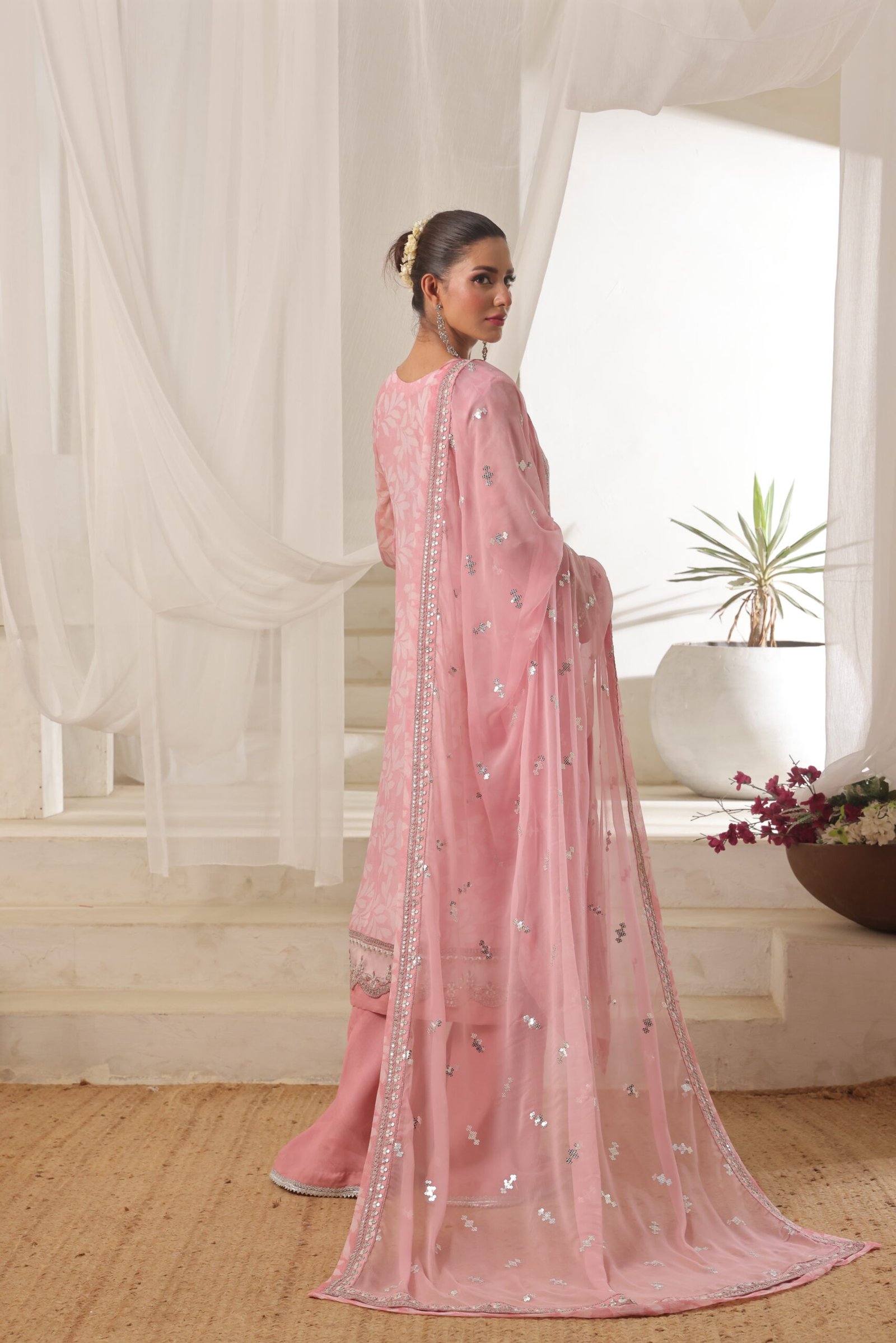 FB-207 | Floral Pink | 3 Pcs Semi-Stitch Chiffon - Image 2