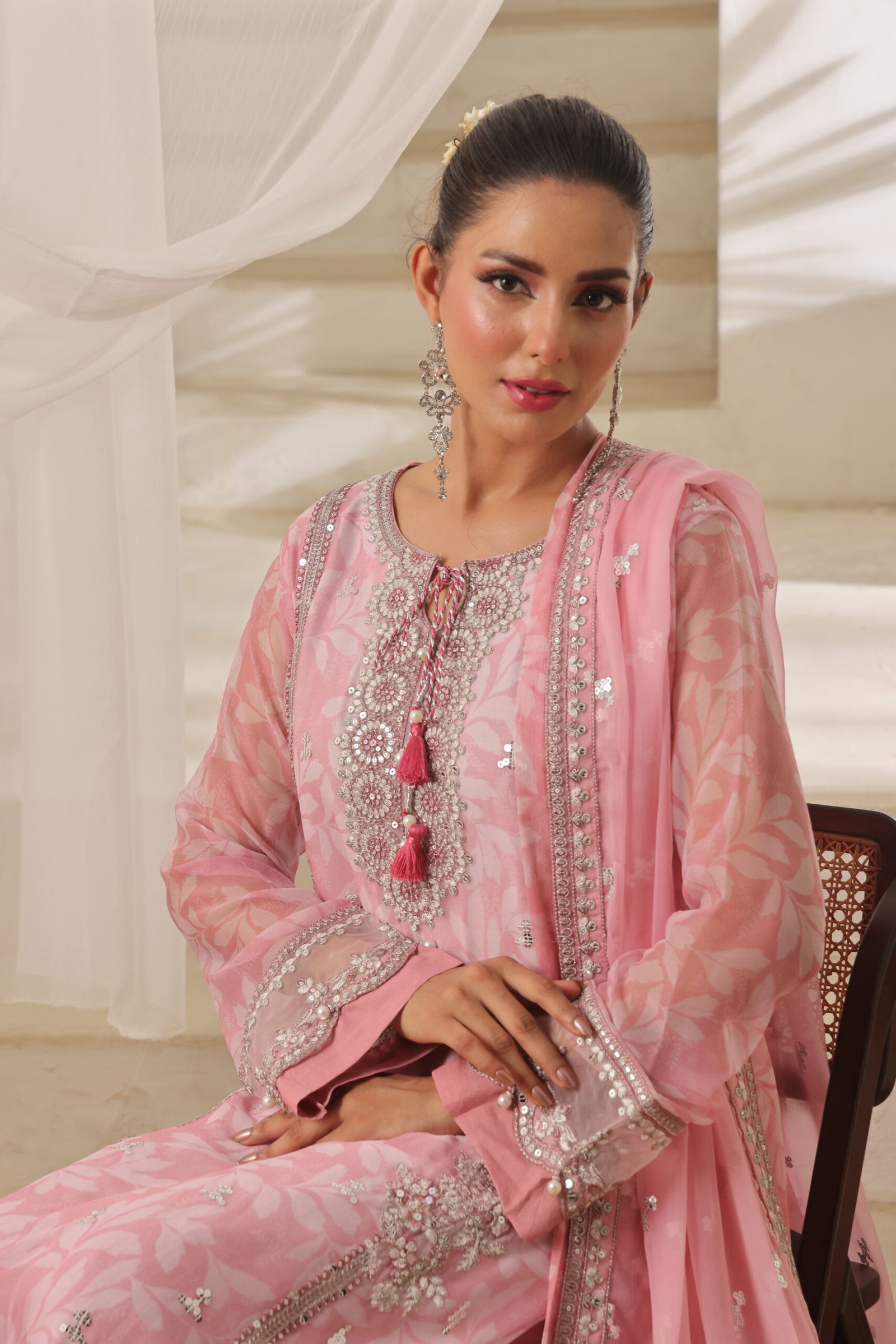 FB-207 | Floral Pink | 3 Pcs Semi-Stitch Chiffon - Image 4