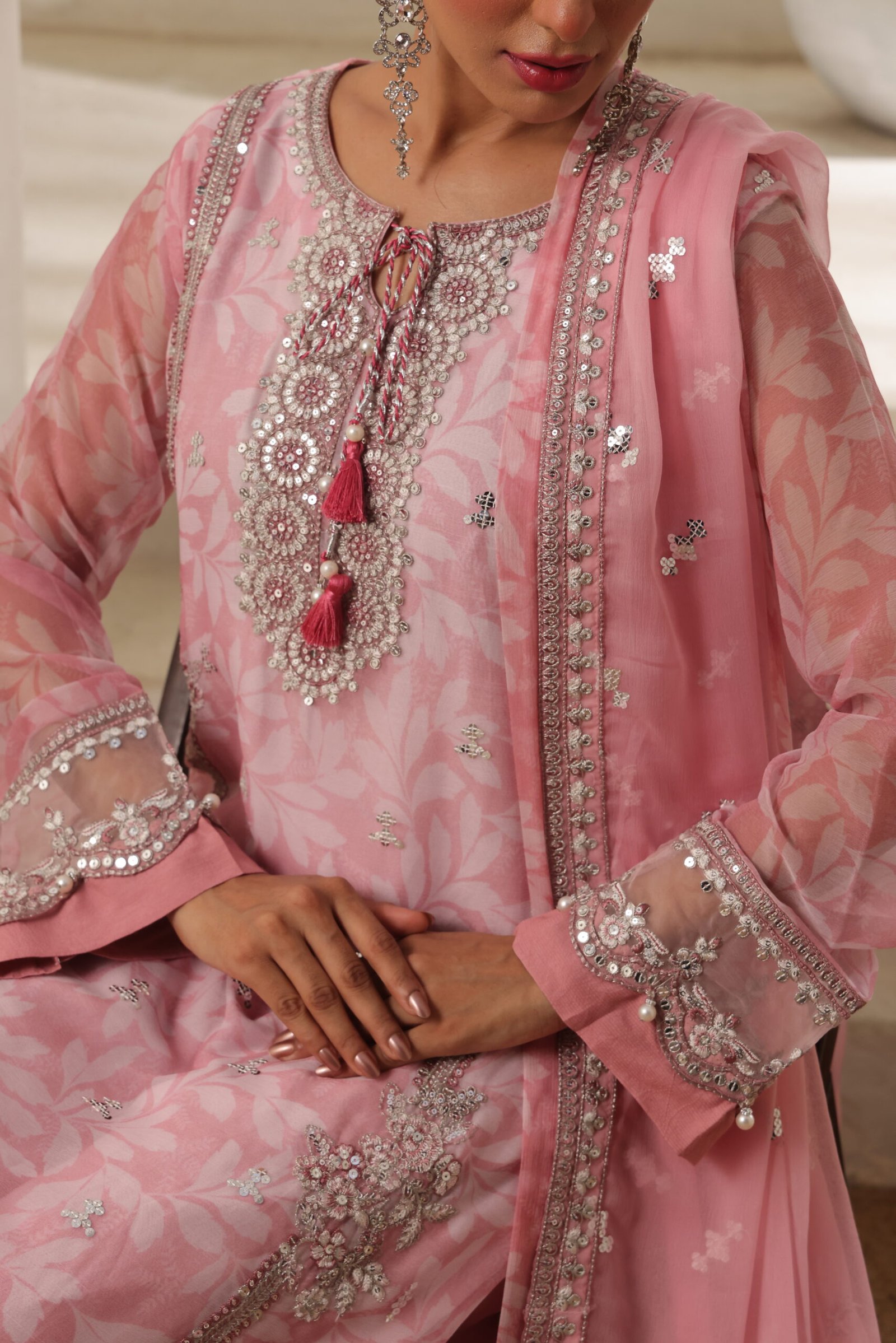 FB-207 | Floral Pink | 3 Pcs Semi-Stitch Chiffon - Image 5