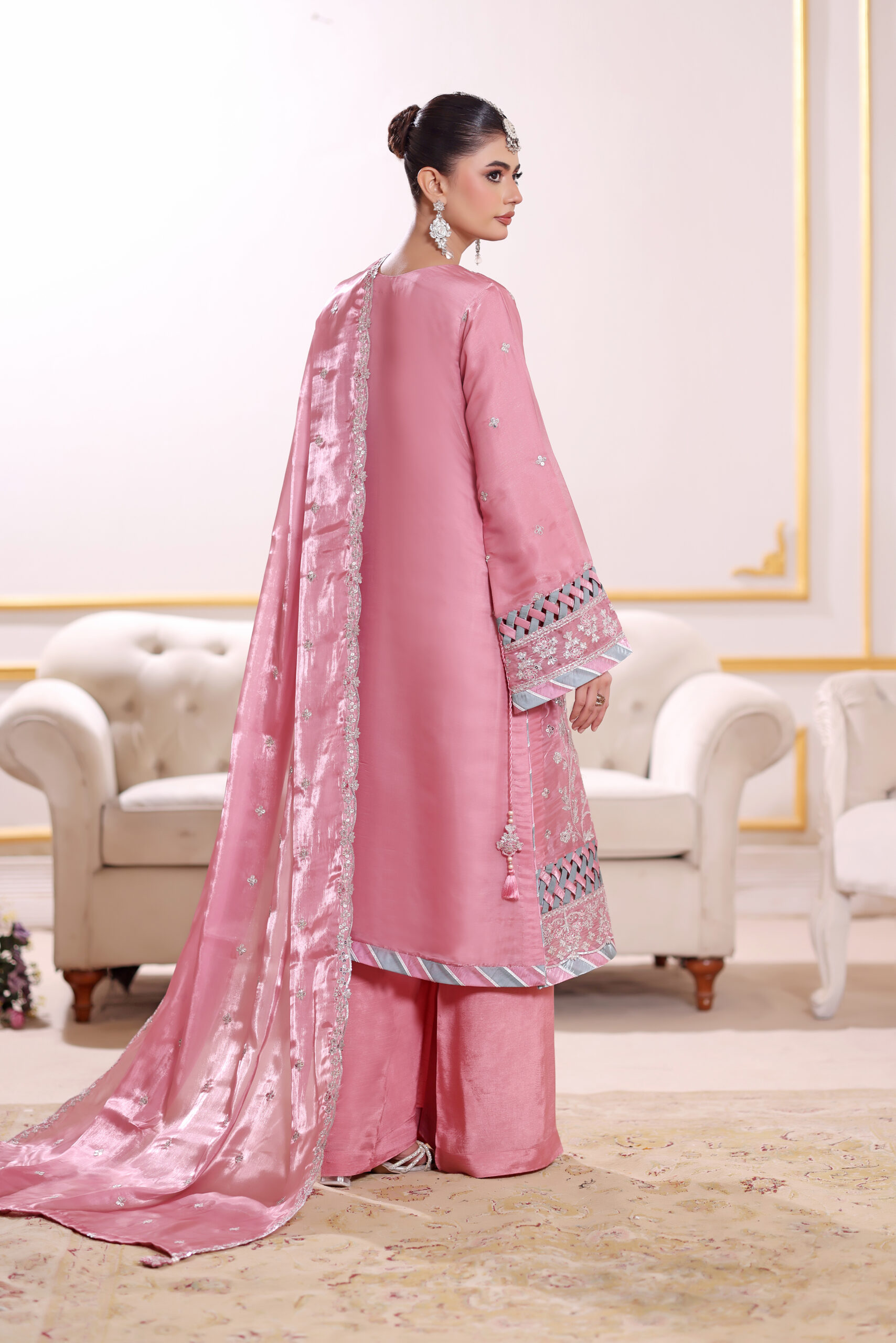 FB-259 | Antique Pink | 3 Pcs Luxury Lava Silk Embroidered Suit with Net Dupatta - Image 2