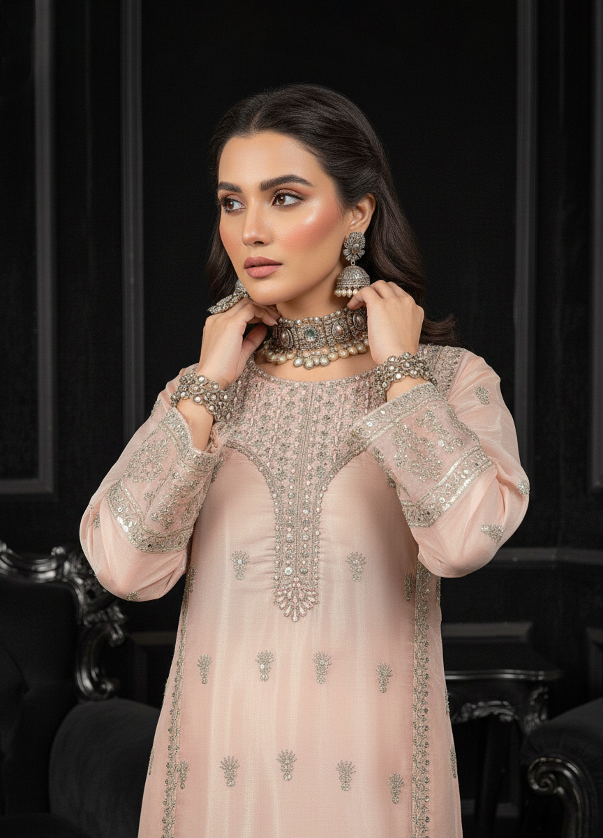 FB-262 | Pearl Peach | 3 Pcs Luxury Lava Silk Embroidered Suit with Net Dupatta - Image 3