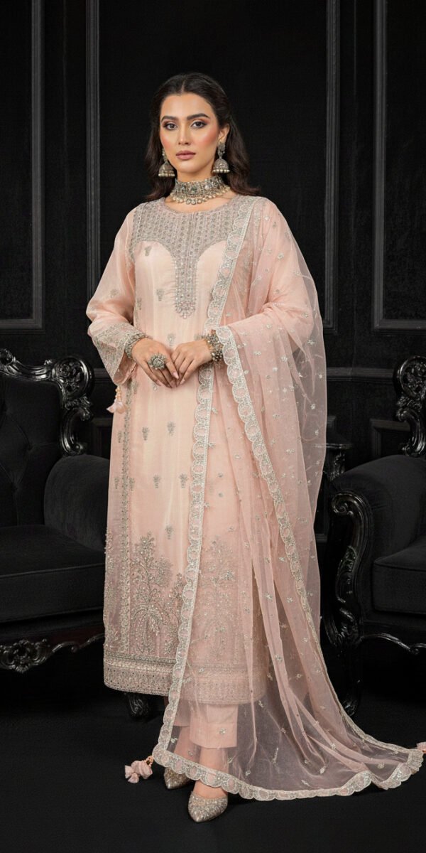 FB-262 | Pearl Peach | 3 Pcs Luxury Lava Silk Embroidered Suit with Net Dupatta