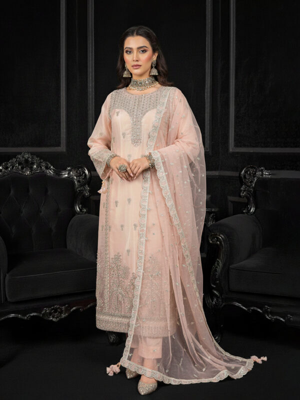 FB-262 | Pearl Peach | 3 Pcs Luxury Lava Silk Embroidered Suit with Net Dupatta