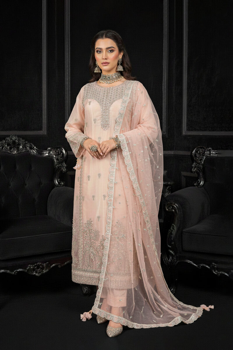 FB-262 | Pearl Peach | 3 Pcs Luxury Lava Silk Embroidered Suit with Net Dupatta