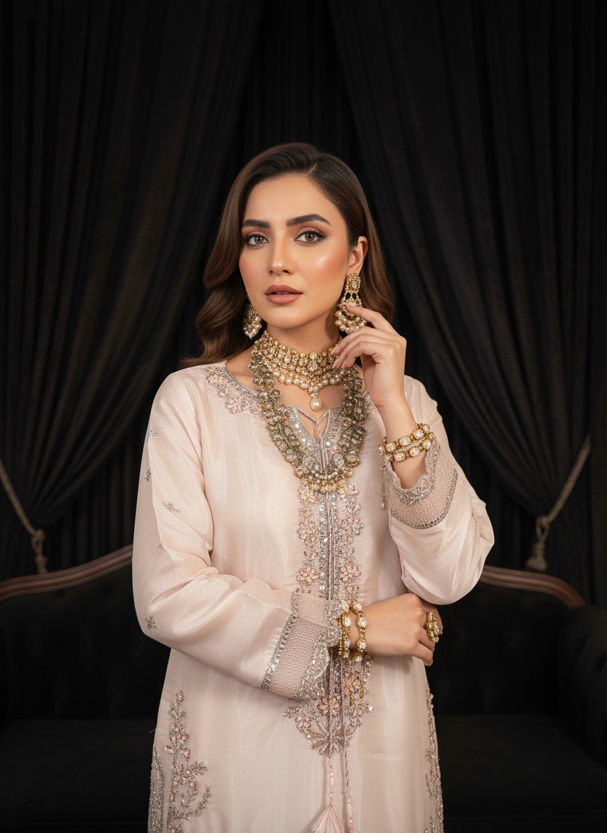 FB-263 | Peachy Pink | 3 Pcs Luxury Lava Silk Embroidered Suit with Net Dupatta - Image 3