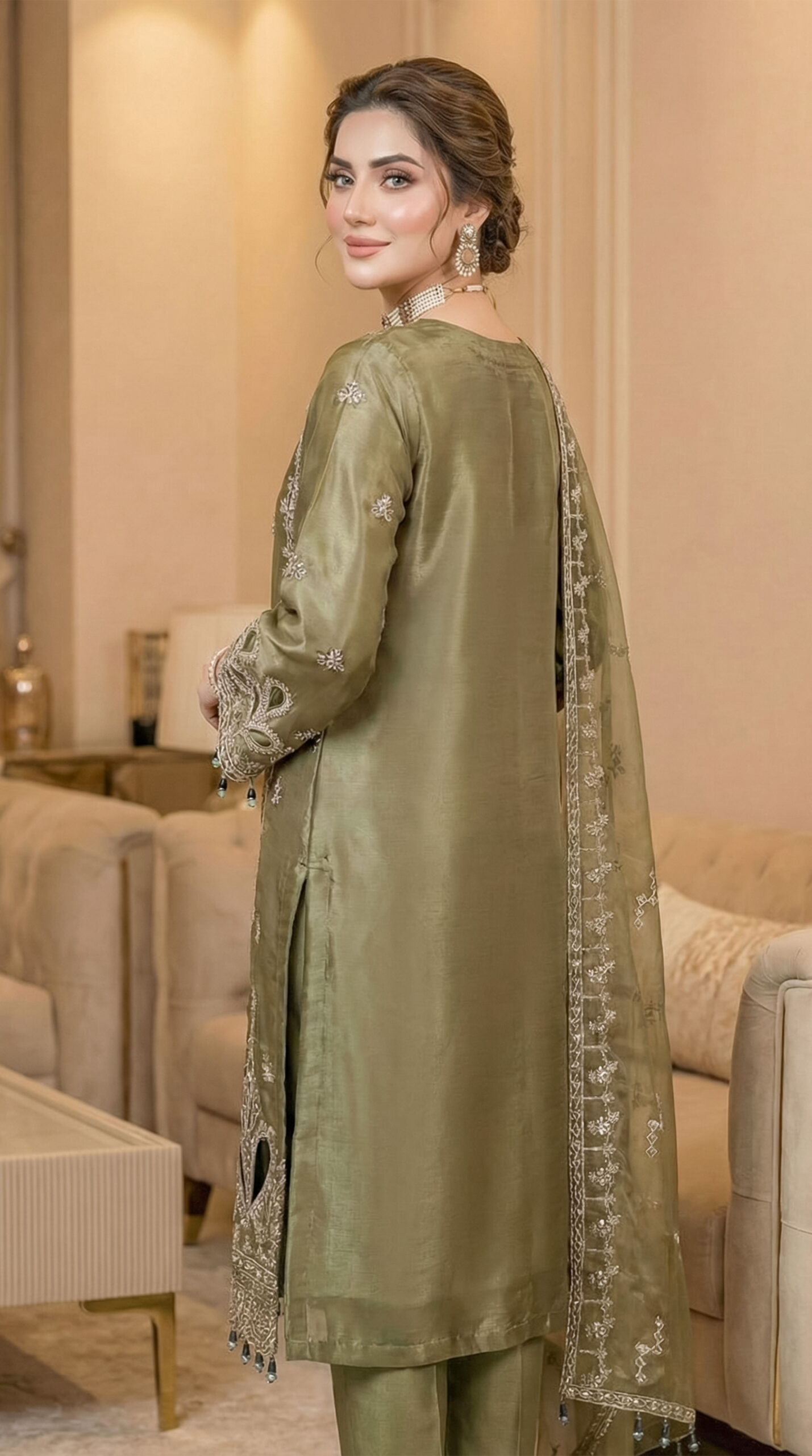 FB-271 | Sage Olive | 3 Pcs Luxury Lava Silk Embroidered Suit with Net Dupatta - Image 2
