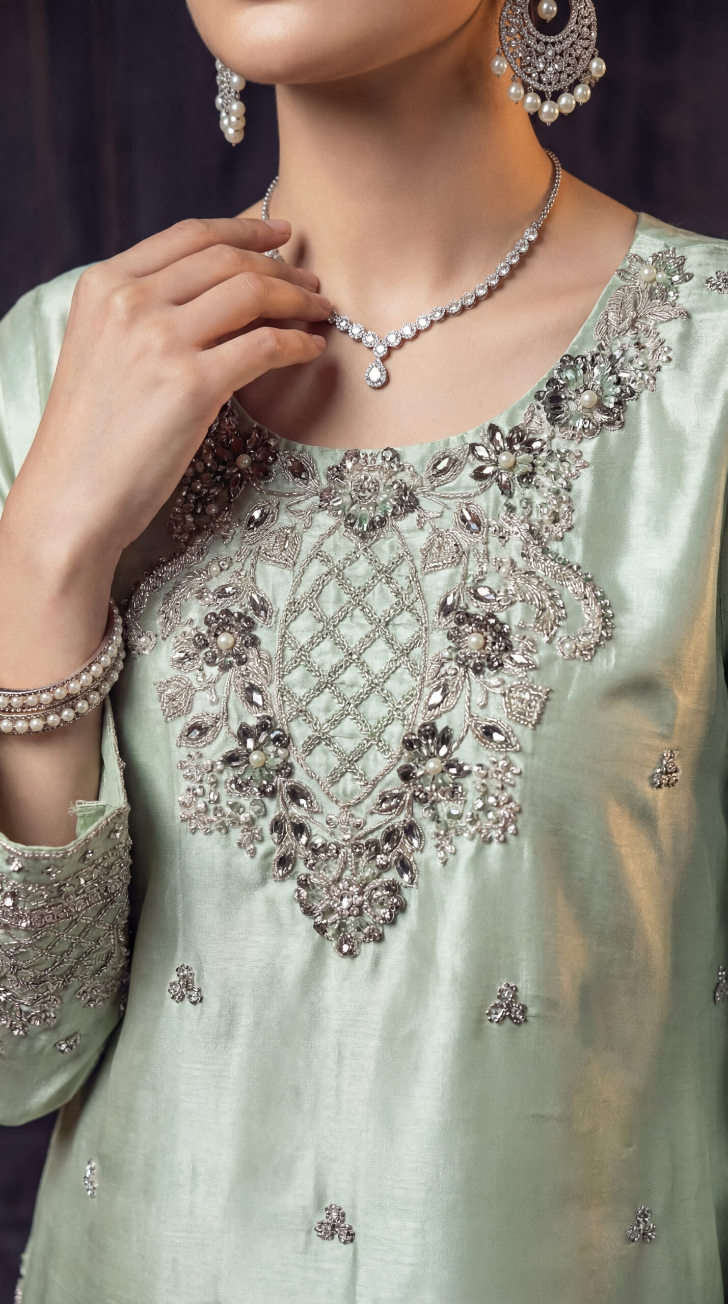 FB-271 | Heirloom Pista | 3 Pcs Luxury Lava Silk Embroidered Suit with Net Dupatta - Image 3