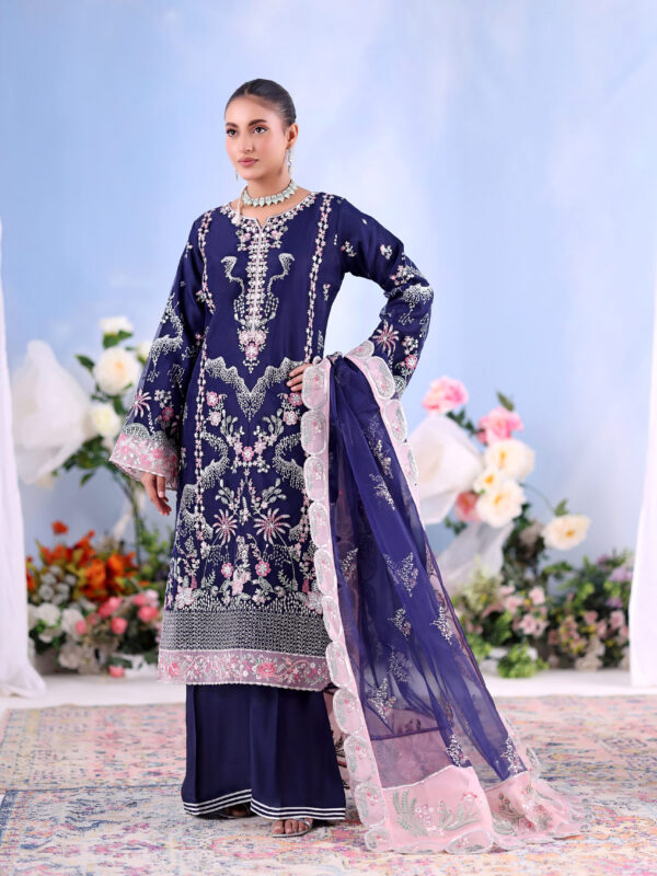 FB-238 | Navy Blossom | 3 Pcs Unstitch With Dyed Trouser