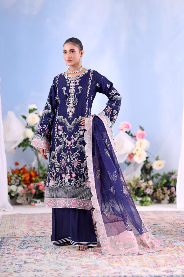 FB-238 | Navy Blossom | 3 Pcs Unstitch With Dyed Trouser
