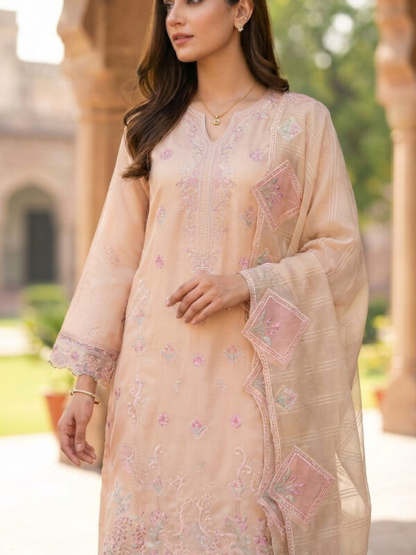 FB-282 | Peach Veil | 3 Pcs Unstitch With Cotton Trouser