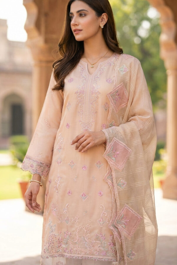 FB-282 | Peach Veil | 3 Pcs Unstitch With Cotton Trouser