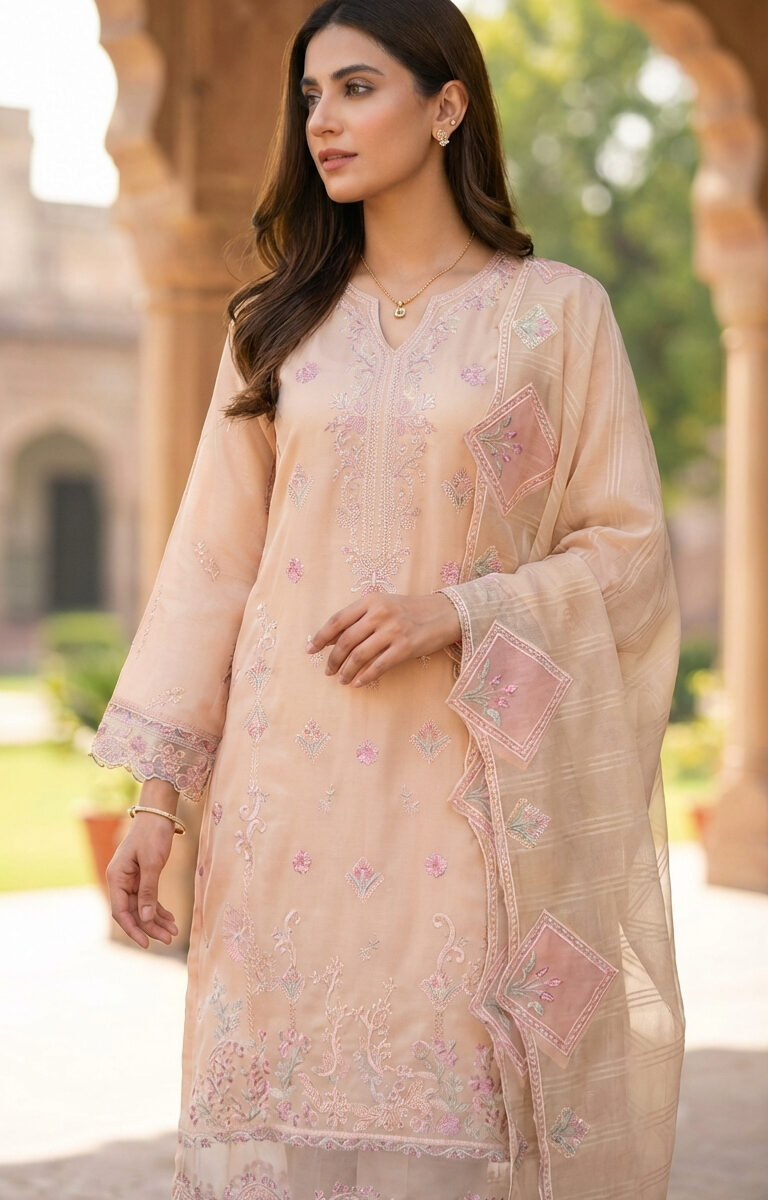 FB-282 | Peach Veil | 3 Pcs Unstitch With Cotton Trouser