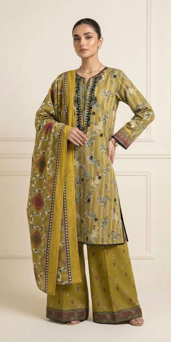 FB-291 | Mustard Olive | 3 Pcs Unstitch With Cotton Trouser