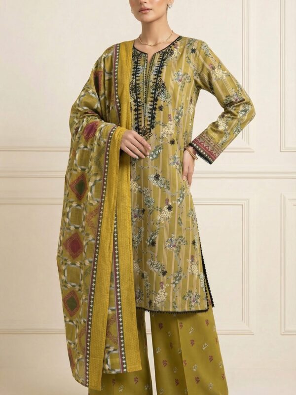 FB-291 | Mustard Olive | 3 Pcs Unstitch With Cotton Trouser