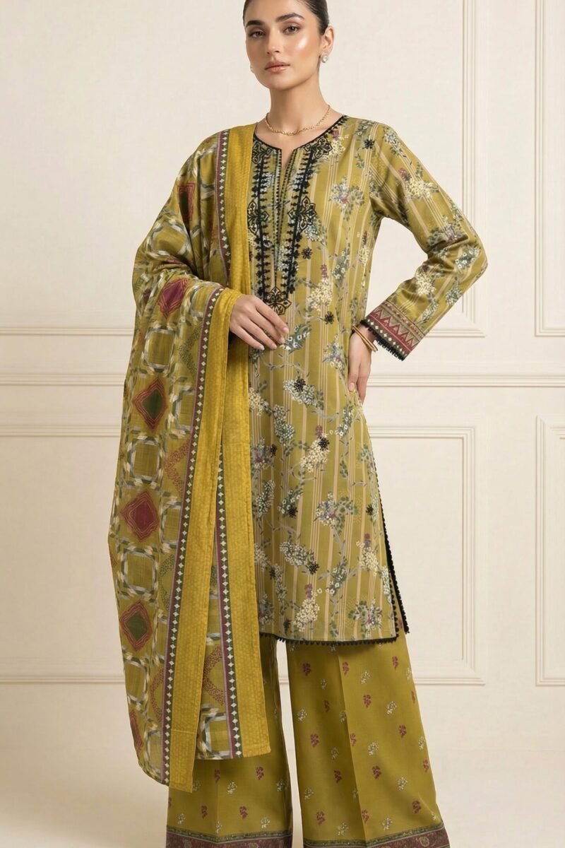 FB-291 | Mustard Olive | 3 Pcs Unstitch With Cotton Trouser