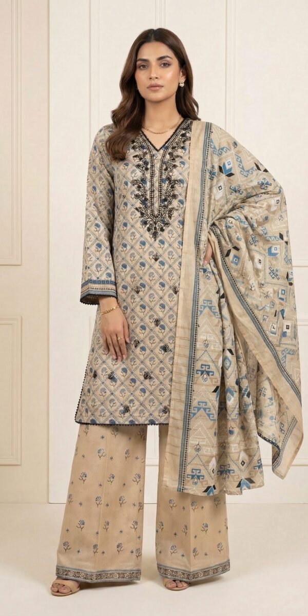 FB-291 | Sand Beige | 3 Pcs Unstitch With Cotton Trouser