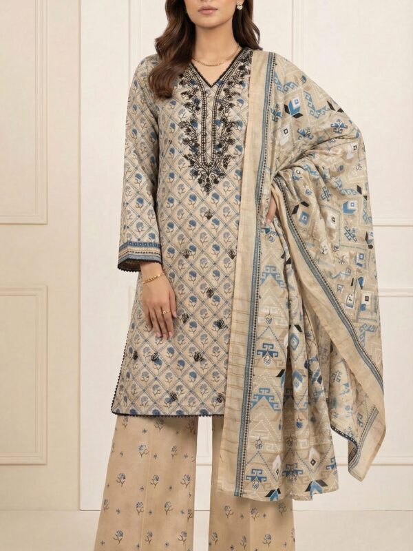 FB-291 | Sand Beige | 3 Pcs Unstitch With Cotton Trouser