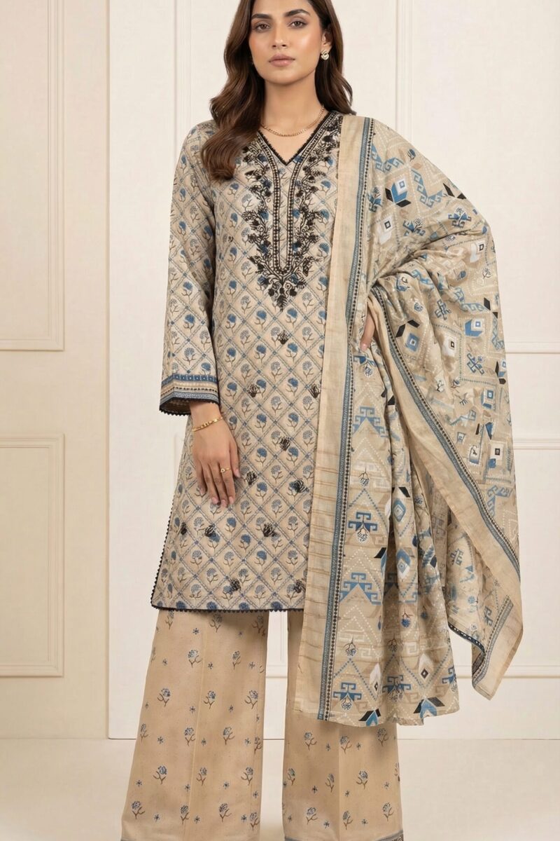 FB-291 | Sand Beige | 3 Pcs Unstitch With Cotton Trouser