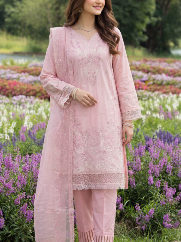 FB-277 | Soft Peach Pink | 3 Pcs Unstitch With Cotton Trouser