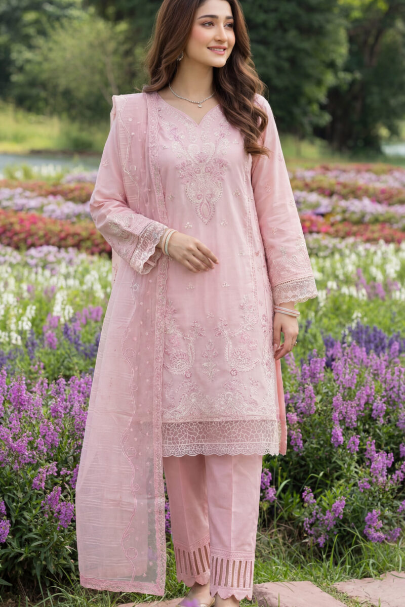 FB-277 | Soft Peach Pink | 3 Pcs Unstitch With Cotton Trouser