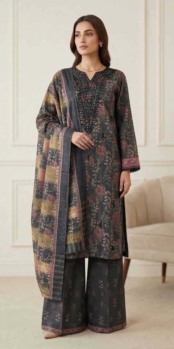 FB-291 | Charcoal Bloom | 3 Pcs Unstitch With Cotton Trouser