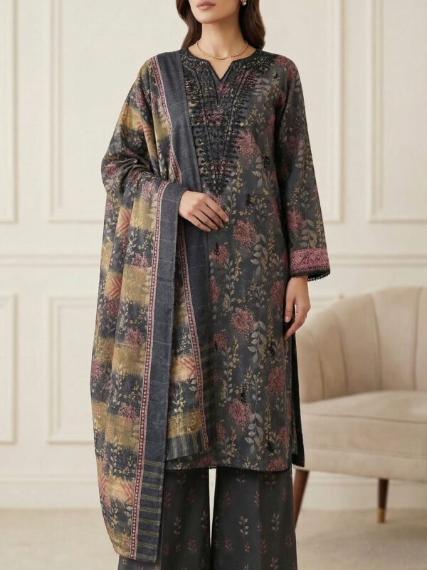 FB-291 | Charcoal Bloom | 3 Pcs Unstitch With Cotton Trouser