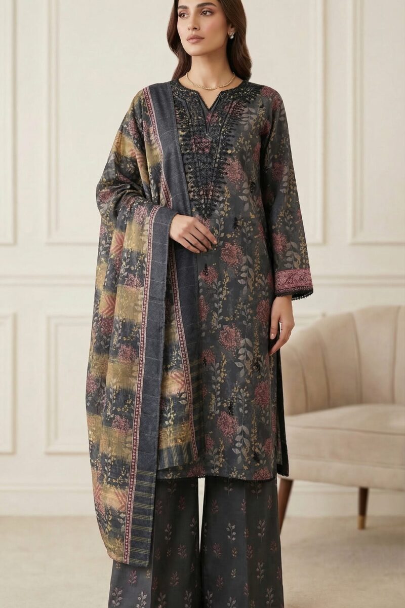 FB-291 | Charcoal Bloom | 3 Pcs Unstitch With Cotton Trouser