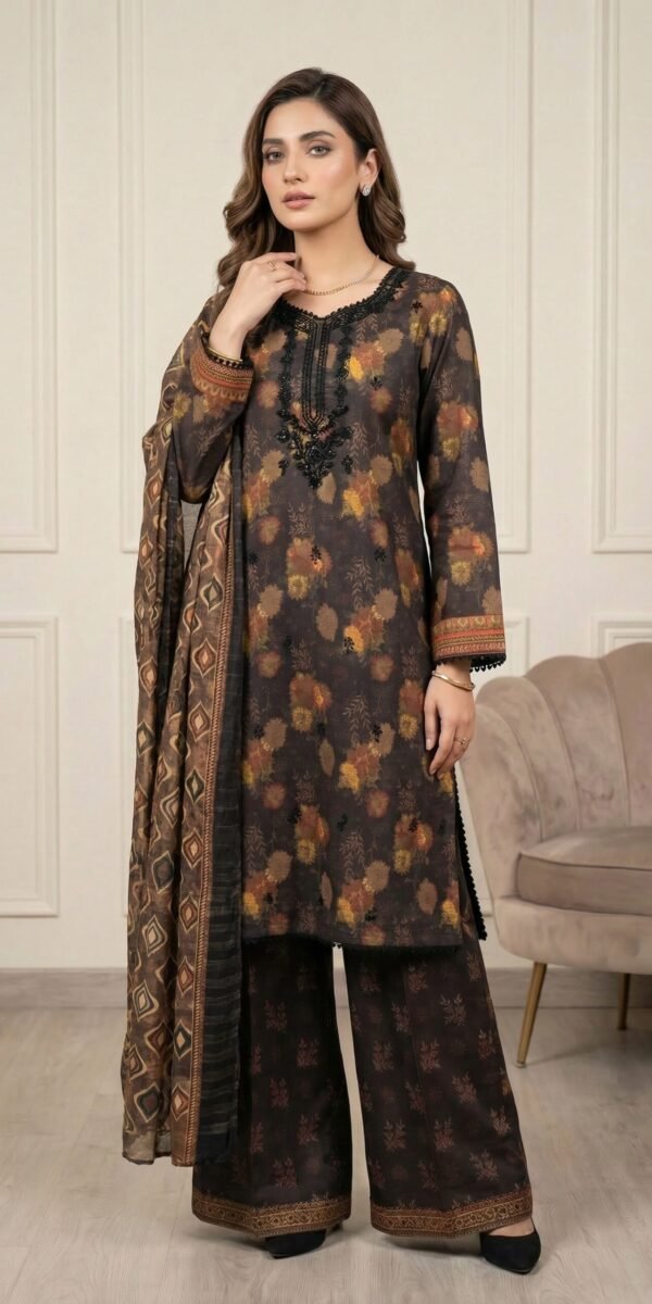 FB-291 | Dark Brown Floral | 3 Pcs Unstitch With Cotton Trouser