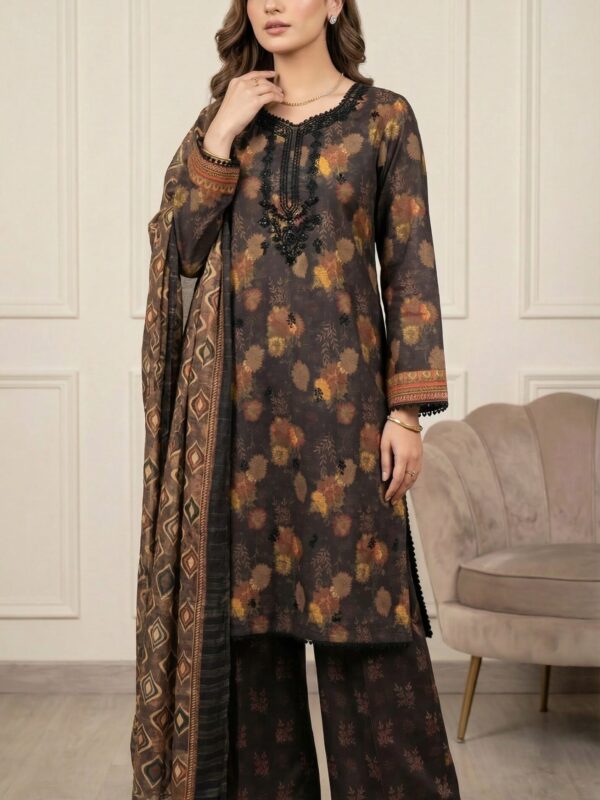 FB-291 | Dark Brown Floral | 3 Pcs Unstitch With Cotton Trouser