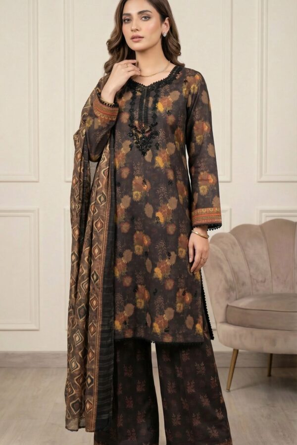 FB-291 | Dark Brown Floral | 3 Pcs Unstitch With Cotton Trouser