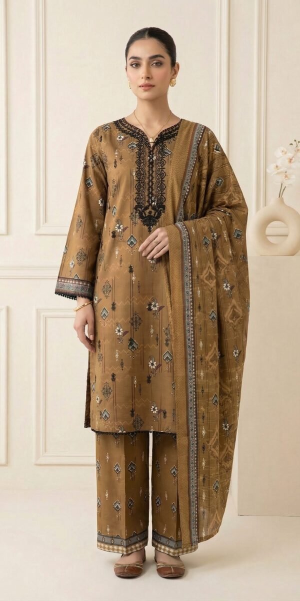 FB-291 | Brown Mustard | 3 Pcs Unstitch With Cotton Trouser