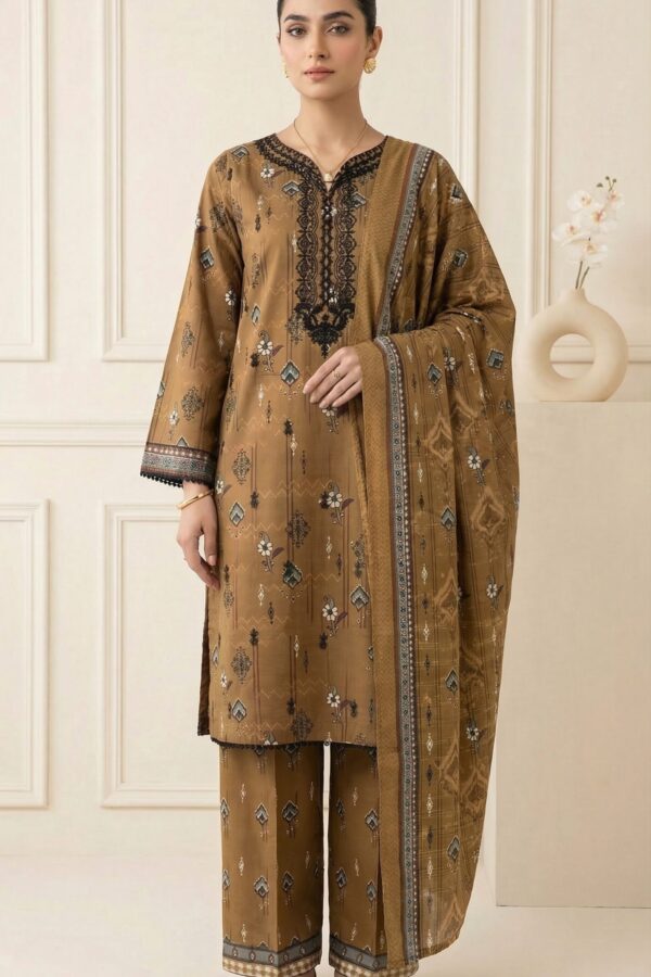 FB-291 | Brown Mustard | 3 Pcs Unstitch With Cotton Trouser