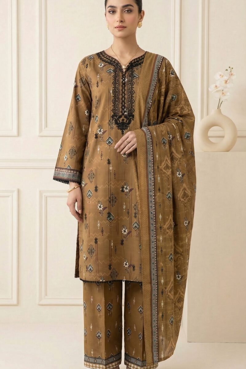 FB-291 | Brown Mustard | 3 Pcs Unstitch With Cotton Trouser