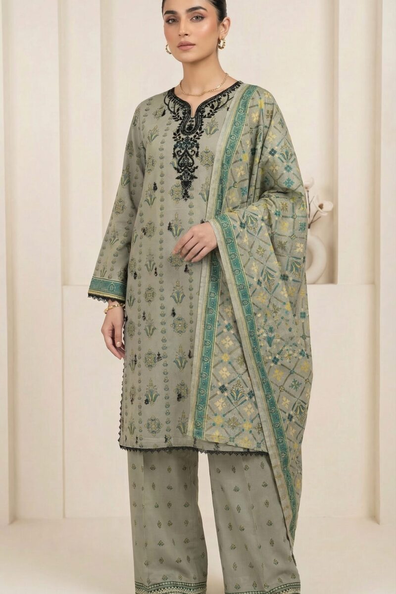 FB-291 | Muted Olive | 3 Pcs Unstitch With Cotton Trouser