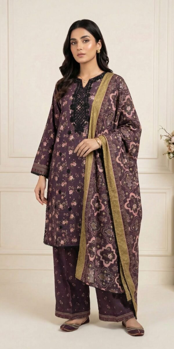 FB-291 | Deep Plum | 3 Pcs Unstitch With Cotton Trouser