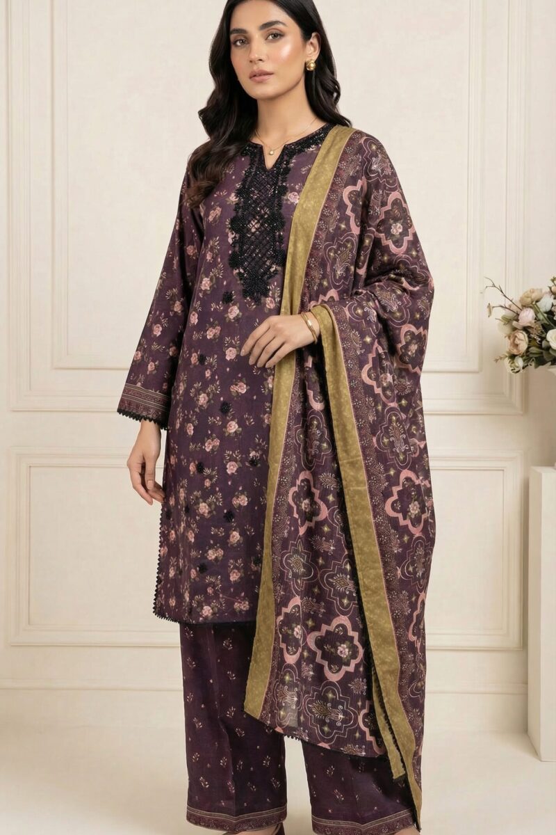 FB-291 | Deep Plum | 3 Pcs Unstitch With Cotton Trouser