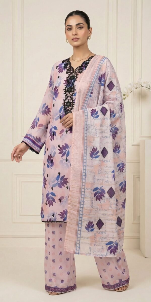 FB-291 | Amethyst Floral | 3 Pcs Unstitch With Cotton Trouser