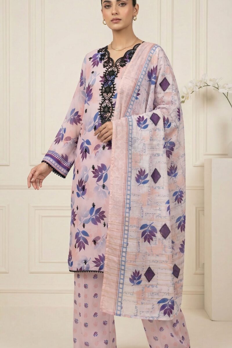 FB-291 | Amethyst Floral | 3 Pcs Unstitch With Cotton Trouser