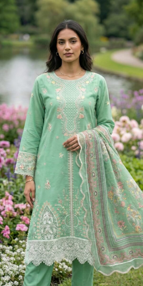 FB-274 | Mint Green  | 3 Pcs Unstitch With Cotton Trouser