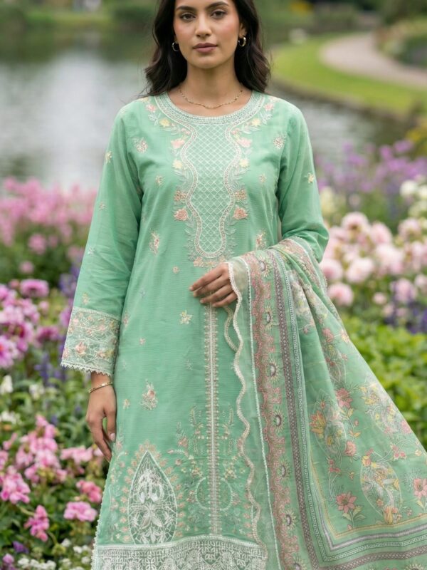 FB-274 | Mint Green  | 3 Pcs Unstitch With Cotton Trouser