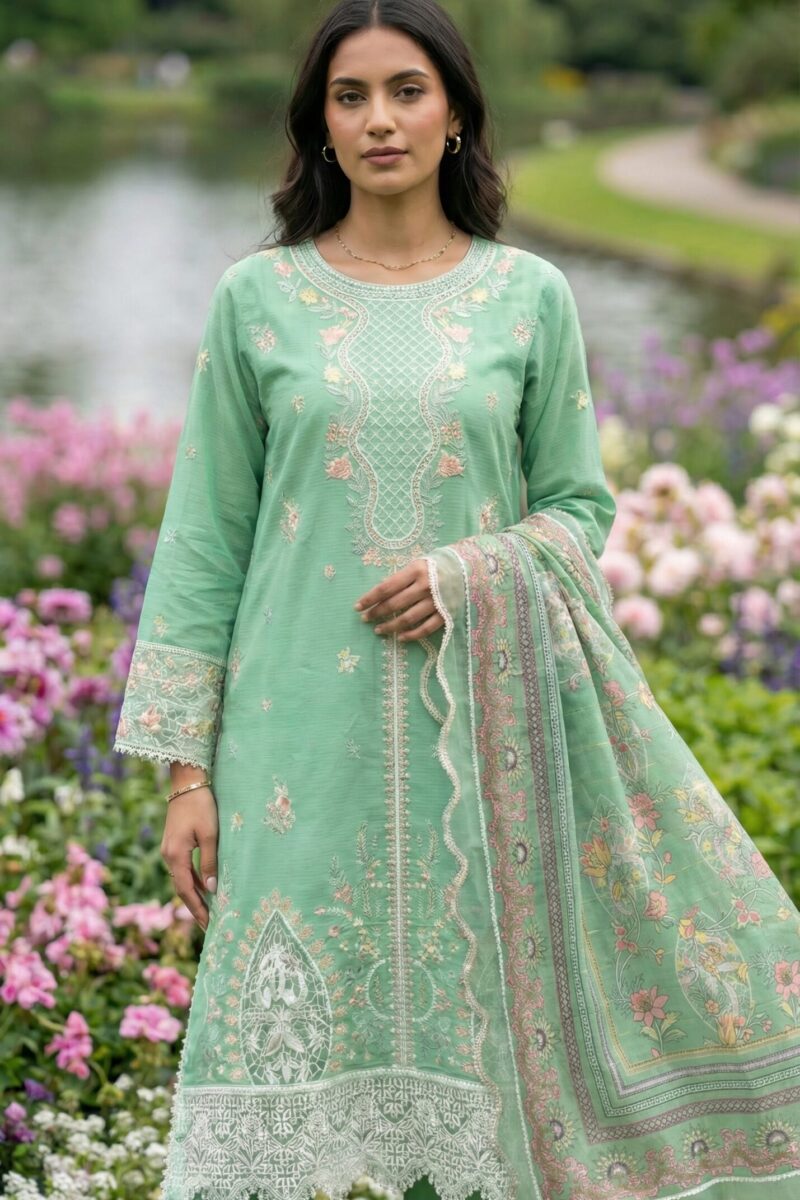 FB-274 | Mint Green  | 3 Pcs Unstitch With Cotton Trouser