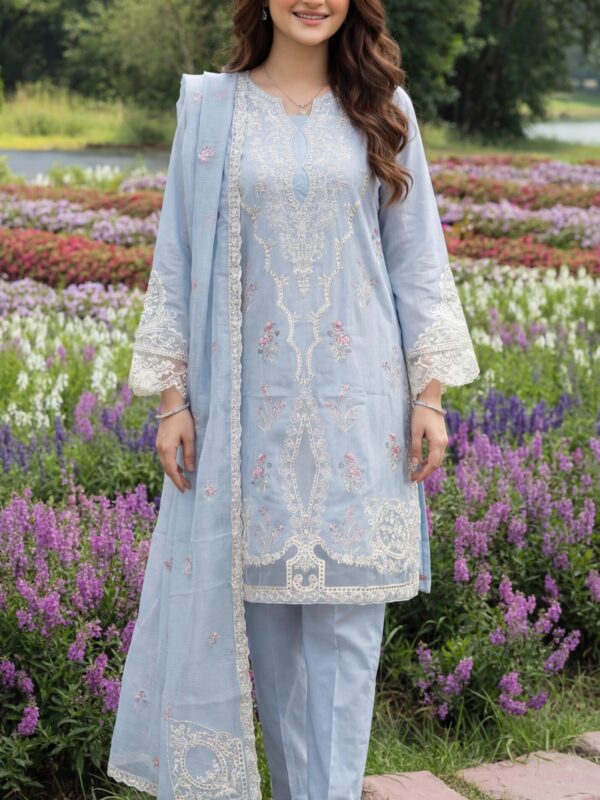 FB-275 | Ash Blue | 3 Pcs Unstitch With Cotton Trouser